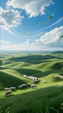 prairie and sheep, green waves.,the sheep grazing upon the grassland 