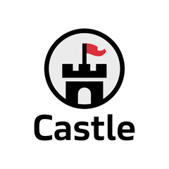 Castle Tower Icon Logo with Red Flag in Circle