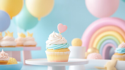 pastel themed cupcake with heart topper is displayed white stand, surrounded by colorful balloons and rainbow backdrop, celebrating pride month