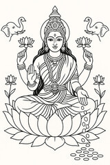 Intricate black-and-white line art illustration of Goddess Lakshmi seated gracefully on a fully bloomed lotus flower.