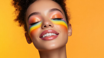 joyful woman with vibrant rainbow makeup across her cheeks and eyelids, celebrating pride month against bright orange background