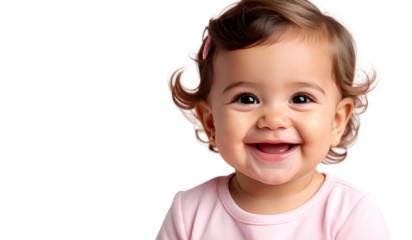 A happy baby girl with blonde hair and pink  smiling on a transparent background PNG