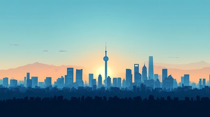 Obraz premium Modern flat design of Beijing skyline featuring the CCTV Tower in front, minimalist urban layout, sharp silhouettes, pale blue sky background, long shadows, geometric skyline, hd quality,