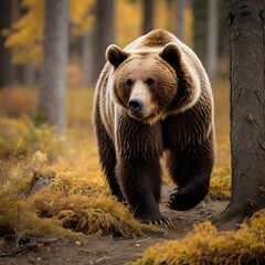 Obraz premium Potrait of humongous girzzly Bear roaming in fall forest AI Generated Image