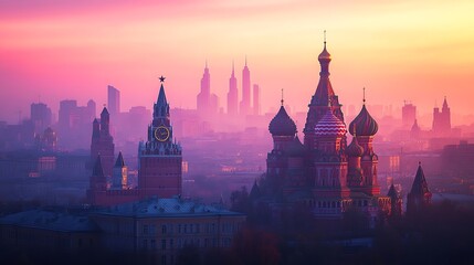Obraz premium Moscow cityscape with Saint Basil’s Cathedral domes silhouetted in foreground, minimalist modern city blocks behind in gradient haze, flat color approach, twilight tones, hd quality, natural look.