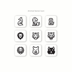 set of Tiger lion and other animal face liner icon logos black and white background
