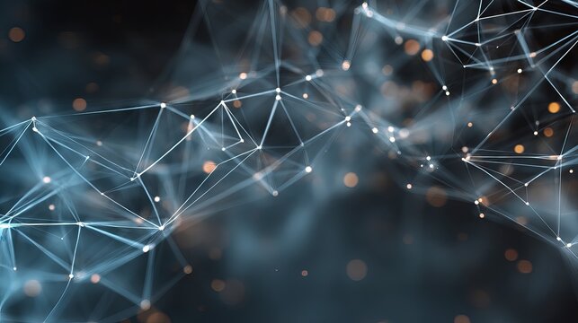 Abstract digital background with glowing grey plexus, interconnected points and lines, symbolizing big data, network connections, and advanced technology science concepts.