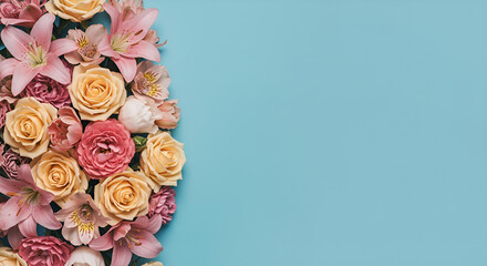 Bouquet of flowers on a pastel color background with copy space