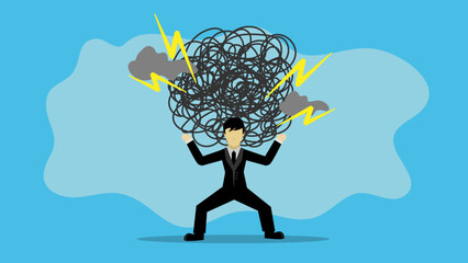 Pressure from too much responsibility concept, tried exhausted businessman carrying heavy messy line on his back