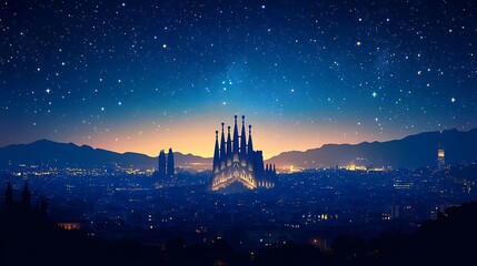Nighttime silhouette of Barcelona with Sagrada Familia and Torre Gl&ograve;ries, deep blue and indigo tones, stars scattered across sky, city lights as small dots, flat vector perspective, hd quality,