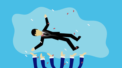 Joyful company colleagues throwing their happy boss into the air celebrating team success