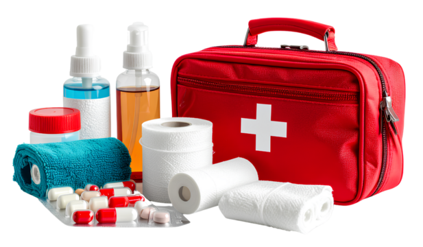 First aid kit with bandages, gauze, and gels isolated on a transparent background png