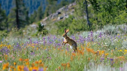 A rabbit hopping across a field of wildflowers.