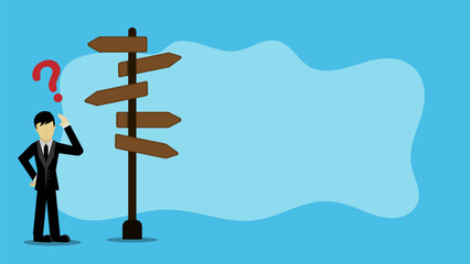 Confusing businessman manager looking at multiple road sign and thinking which way to go
