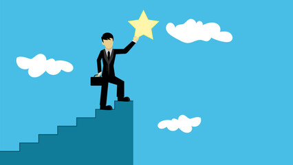 Smart confident businessman climb up stair to the top to reaching to grab precious star reward
