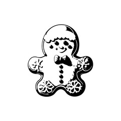 Black and white gingerbread person drawing, a festive monochrome illustration