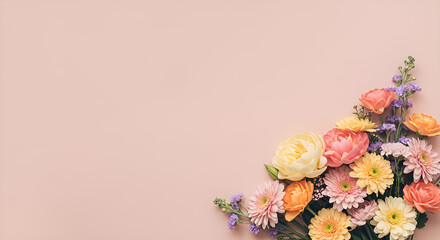 Bouquet of flowers on a pastel color background with copy space