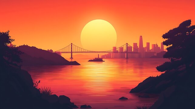 San Francisco bay silhouette in flat minimalist style, Alcatraz Island small in center, bridge and skyline in distance, water in gentle gradient, clean visual balance, hd quality, natural look.