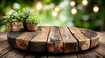 Rustic Wooden Tabletop with Herbs  Bokeh Background  Spring