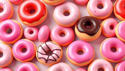 Fototapeta premium Colorful cartoon doughnuts in pink and chocolate glaze arranged in a repeating seamless pattern, illustration, pattern