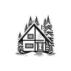 Simple monochromatic cabin illustration nestled among tall coniferous evergreens