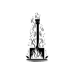 Monochrome depiction of stylized fire within rectangular enclosure emitting heat