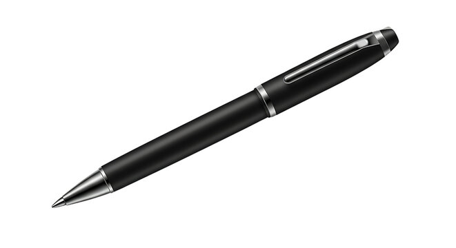 A sleek black pen with silver accents lies diagonally on a light grey background, representing writing, business, or creativity.