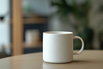 Fototapeta premium White mug on light beige table, blurred background