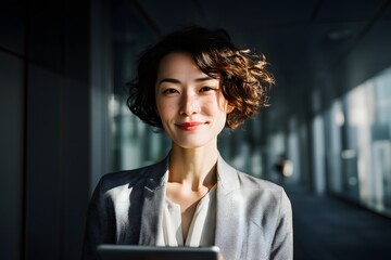 Confident Young Businesswoman in Modern Corporate Office Setting. Smiling professional woman in office hallway with natural light background