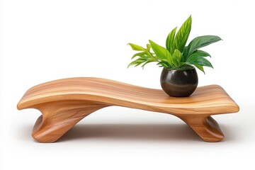 Wooden sculpture with a curved design, showcasing a small potted plant, set against a bright white background. The wood is light brown with a smooth, polished finish.