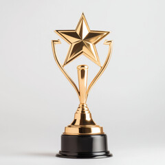 Golden trophy with star emblem, presented on dark base, isolated on white background, representing achievement and success