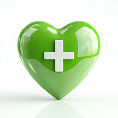 Obraz premium Green heart with white medical cross isolated on white background, symbolizing healthcare, charity, and well-being in a clean and minimal design