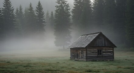 A rustic wooden cabin in a misty forest at dawn