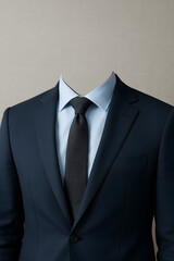 Business Suit Mockup: A crisp, tailored navy blue suit with a black tie and white shirt, a perfect backdrop for showcasing your designs or branding.