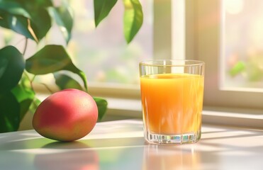 Fototapeta premium Mango juice by window, sunny day