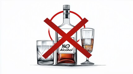 A sleek and modern "No Alcohol" prohibition sign with a striking red circle and diagonal line crossing out a detailed liquor bottle and glass. 