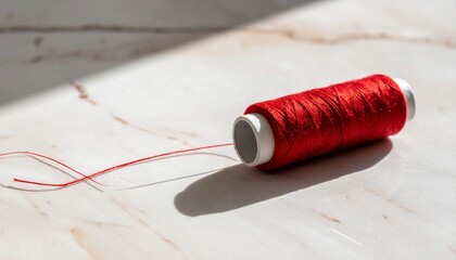 Spool of red thread unravelling across a pale marble floor in soft shadow