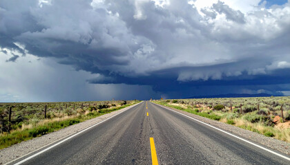 Naklejka premium road to storm,a road with tornado clouds in front