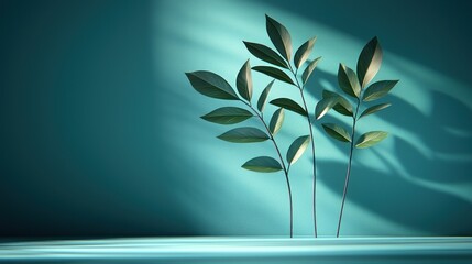 Teal wall backdrop with three leafy branches, sunlight casting shadows. Minimalist, serene scene