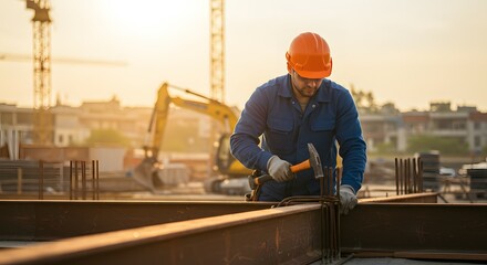 Construction Worker Using Hammer on Steel Beam at Sunset Image_fx (33).jpg