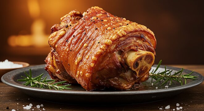 Pork Knuckle on Plate with Rosemary and Salt