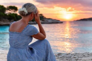 Beach Sunset Solitude: Woman's Emotional Moment in Serene Coastal Scenery