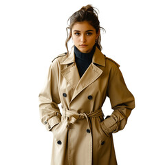 Woman Wearing Classic Beige Belted Trench Coat Isolated on Transparent Background