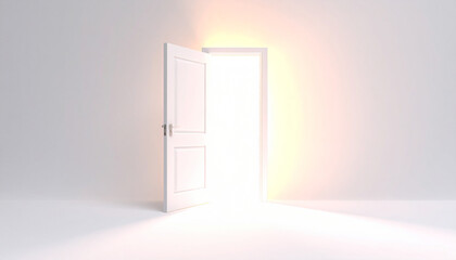 Empty door opened light. Light shining through open door. 3D realistic illustration