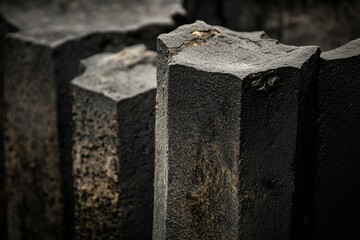 Dark, basalt columns stand close together, showcasing their rough textures and geometric shapes.