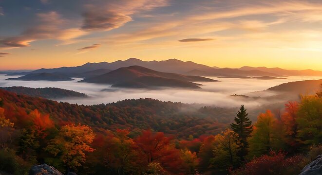 Panoramic view of mountains with foggy hills and vibrant autumn colors at sunrise.