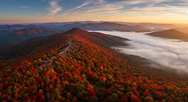 Panoramic view of mountains with foggy hills and vibrant autumn colors at sunrise. - Powered by Adobe