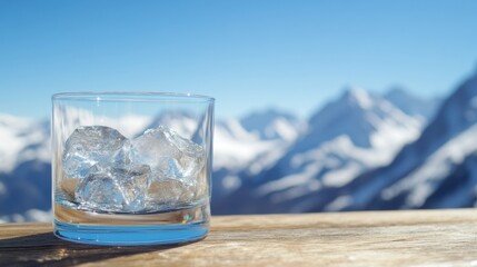 A glass filled with ice cubes sits on a wooden surface, overlooking majestic snow-capped mountains under a clear blue sky