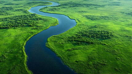 Winding river through lush green landscape aerial view