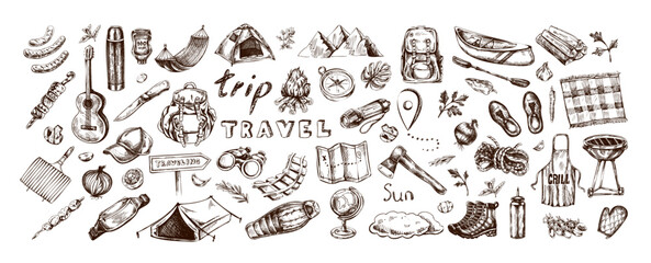 Obraz premium Hand drawn vintage sketch set of picnic, camping, hiking, mountain trekking and travel elements in retro engraved style